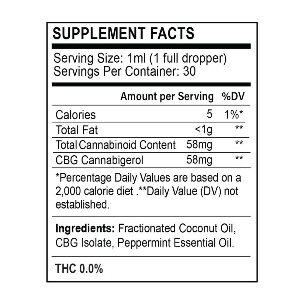 Supplement Facts panel for CBG Tincture Oil 1700mg