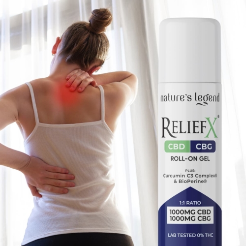 Lady with localized back pain and RelieFX CBD CBN Roller next to her